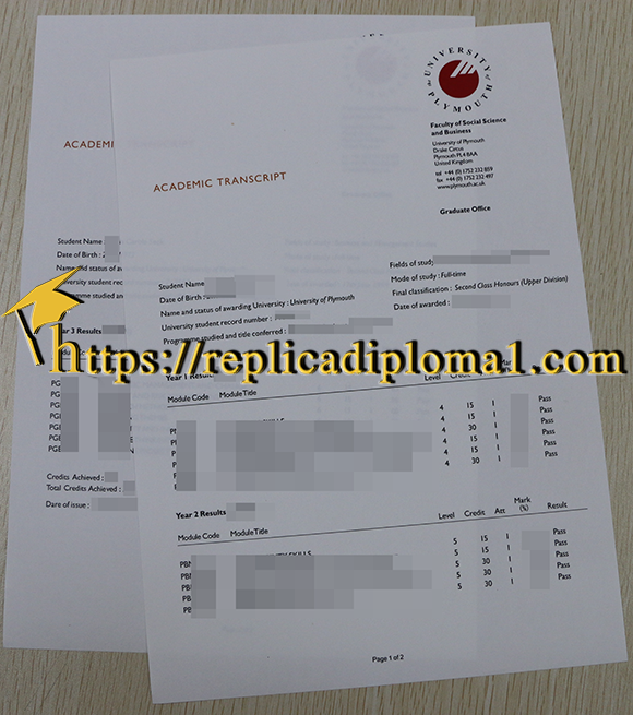 University of Plymouth diploma, Plymouth University transcript