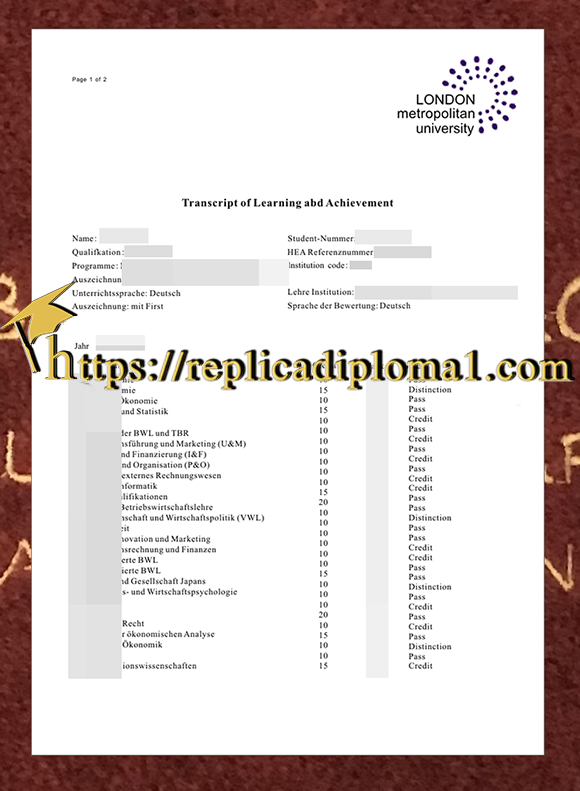 London Metropolitan University transcript, transcript of London Met